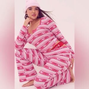 PINKxLoveShackFancy Waffle Long Pajama Set In Peppermint Pink Fair Isle